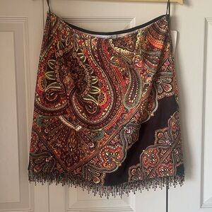 Linda Segal | Paisley Print Pencil Skirt. Beaded Fringe. Size 12. Boho. USA. New
